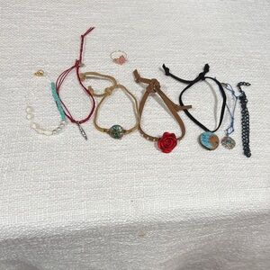 Mixed Stack of Boho tie on Bracelets with Red Rose Accent